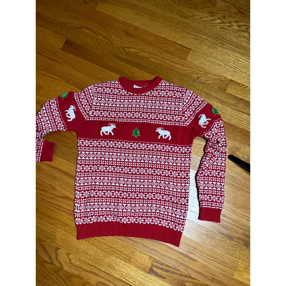 Festified Christmas Sweater Red White Fair Isle Reindeer Tree Holiday Pullover S
